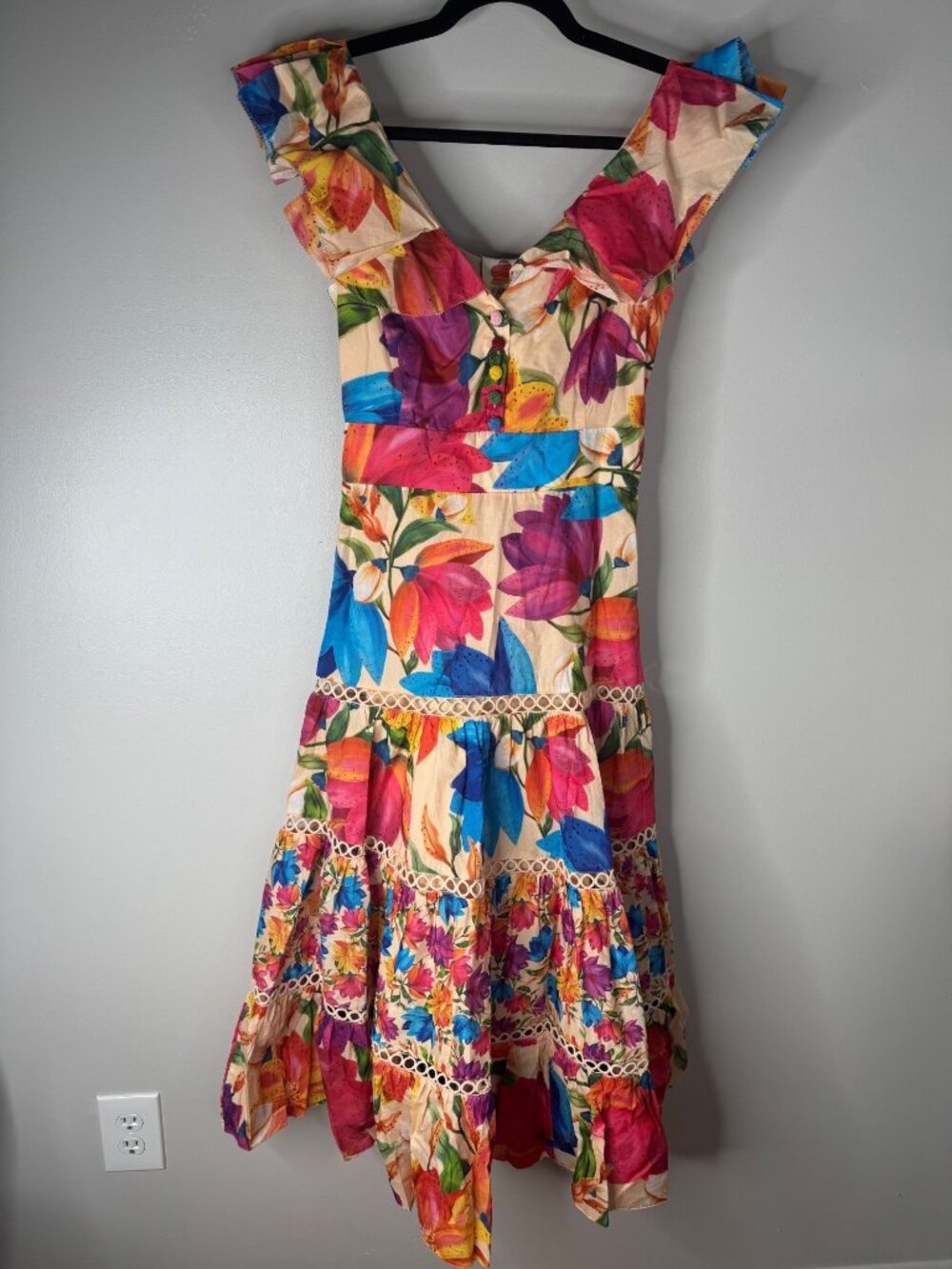 New Farm Rio Mary’s Garden Frilled Top Midi Dress Size XS Colorful Floral - Picture 4 of 9